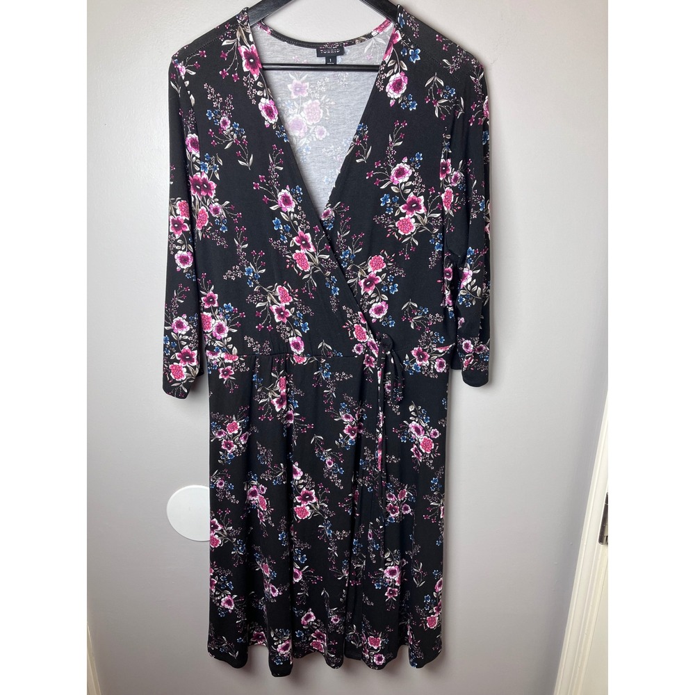 Torrid Floral Faux Wrap Midi Dress Black Pink Blue 3/4 Sleeve Size 1 11048430